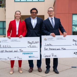 Leeta's Kira Wyckhoff (left), and Linus Kautzsch (right), with materials professor Ram Seshadri (center)