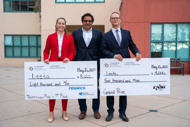 Leeta's Kira Wyckhoff (left), and Linus Kautzsch (right), with materials professor Ram Seshadri (center)