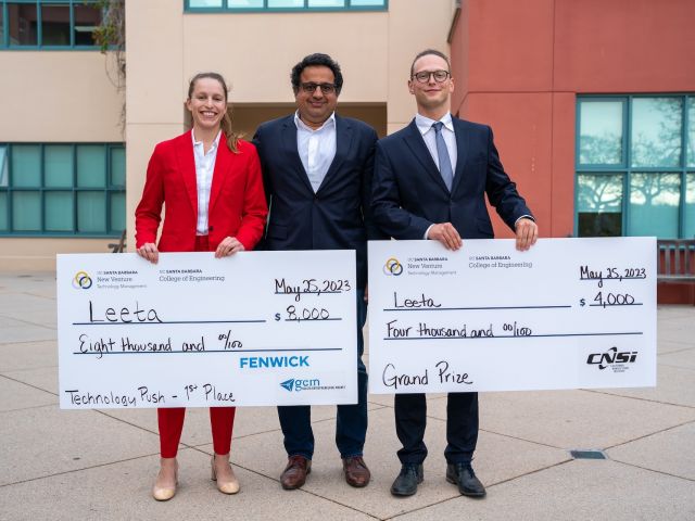 Leeta's Kira Wyckhoff (left), and Linus Kautzsch (right), with materials professor Ram Seshadri (center)